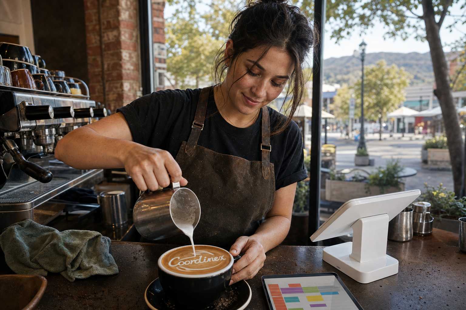 Young adult woman barista pouring milk into latte art spelling Coordinex, with a point-of-sale tablet nearby inside a coffee shop in Walnut Creek, CA.