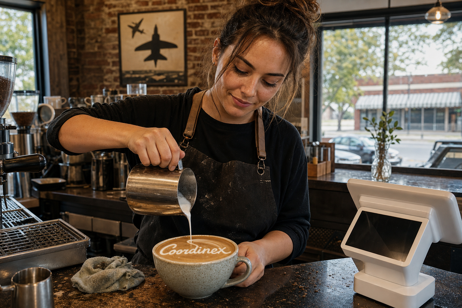 Young adult woman barista pouring milk into latte art spelling Coordinex, with a point-of-sale tablet nearby inside a coffee shop in Warner Robins, GA.