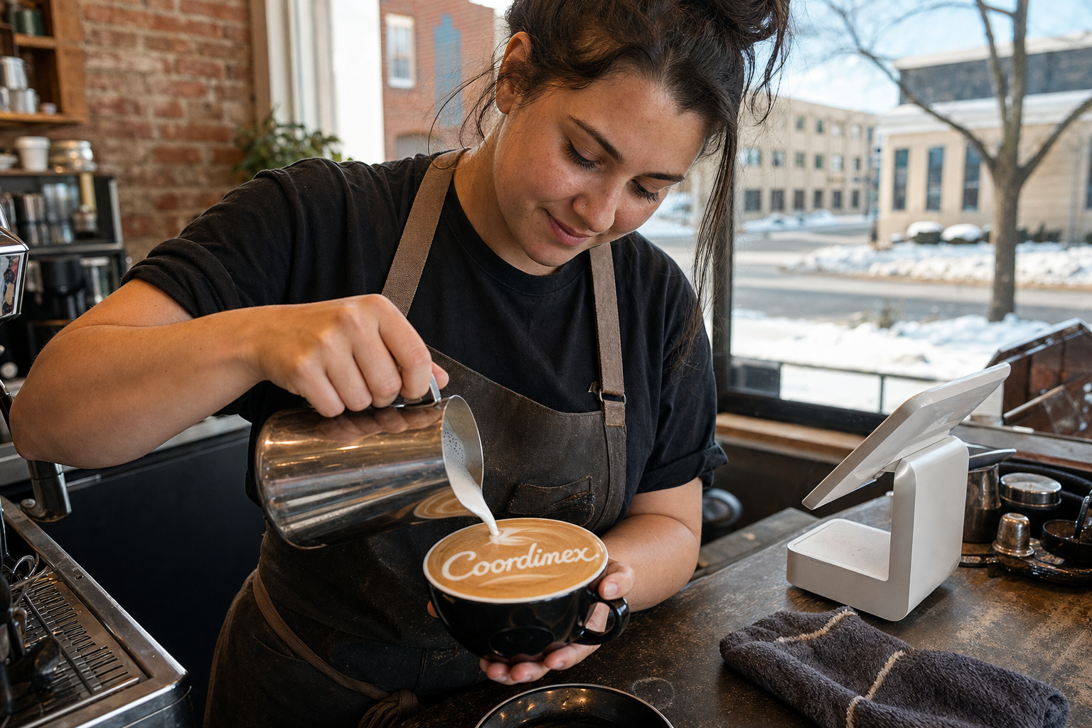 Young adult woman barista pouring milk into latte art spelling Coordinex, with a point-of-sale tablet nearby inside a coffee shop in Warren, MI.