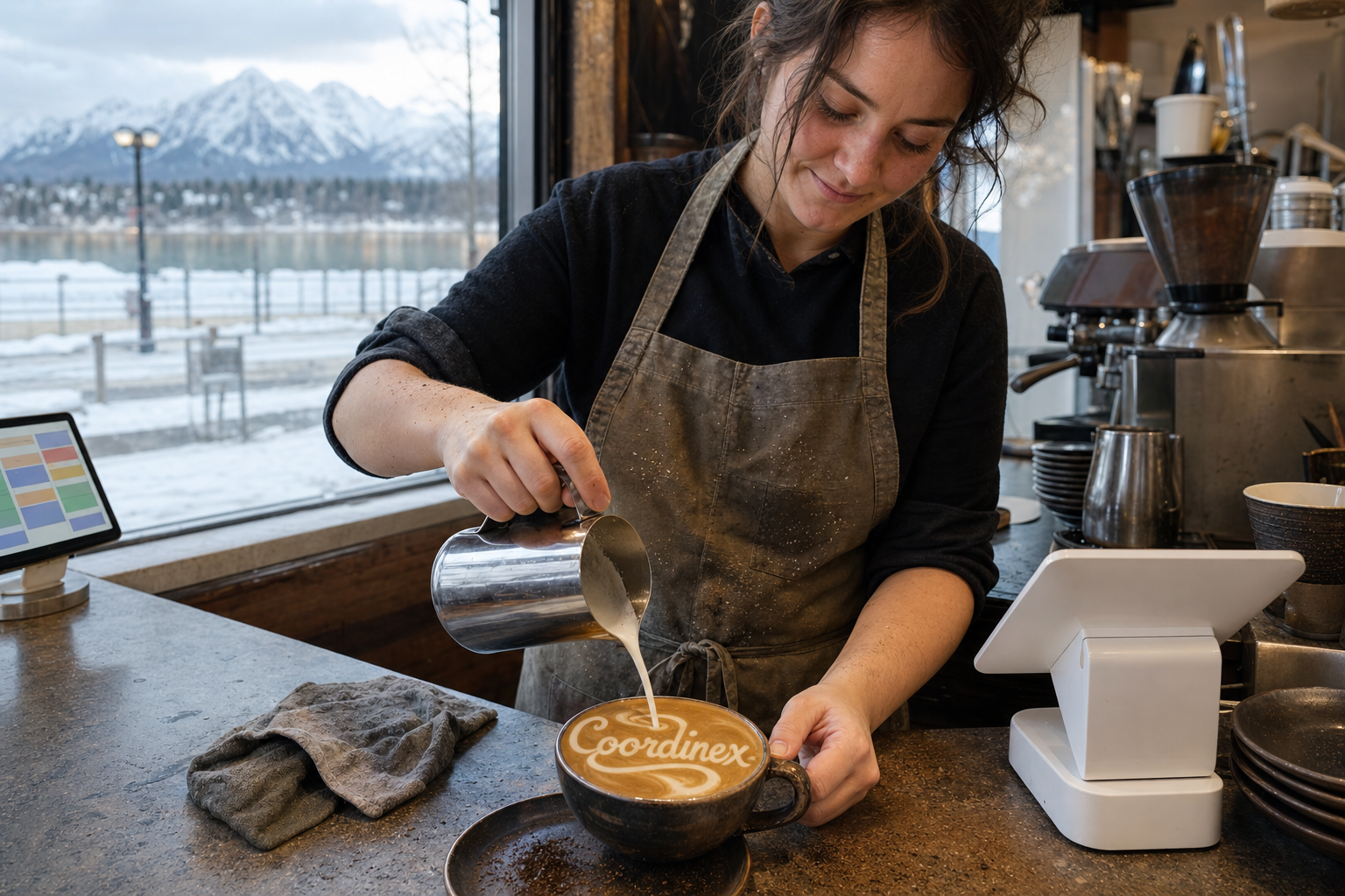 Young adult woman barista pouring milk into latte art spelling Coordinex, with a point-of-sale tablet nearby inside a coffee shop in Wasilla, AK.