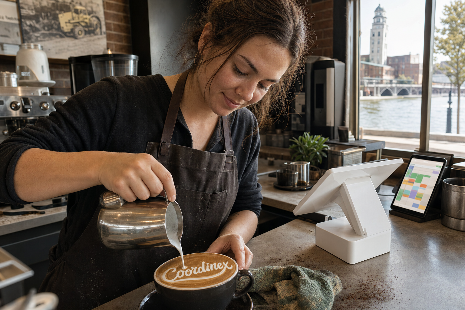 Young adult woman barista pouring milk into latte art spelling Coordinex, with a point-of-sale tablet nearby inside a coffee shop in Waterloo, IA.