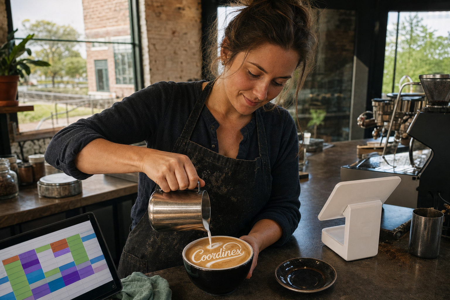 Young adult woman barista pouring milk into latte art spelling Coordinex, with a point-of-sale tablet nearby inside a coffee shop in Waukee, IA.