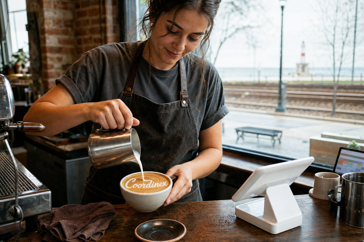 Young adult woman barista pouring milk into latte art spelling Coordinex, with a point-of-sale tablet nearby inside a coffee shop in Waukegan, IL.