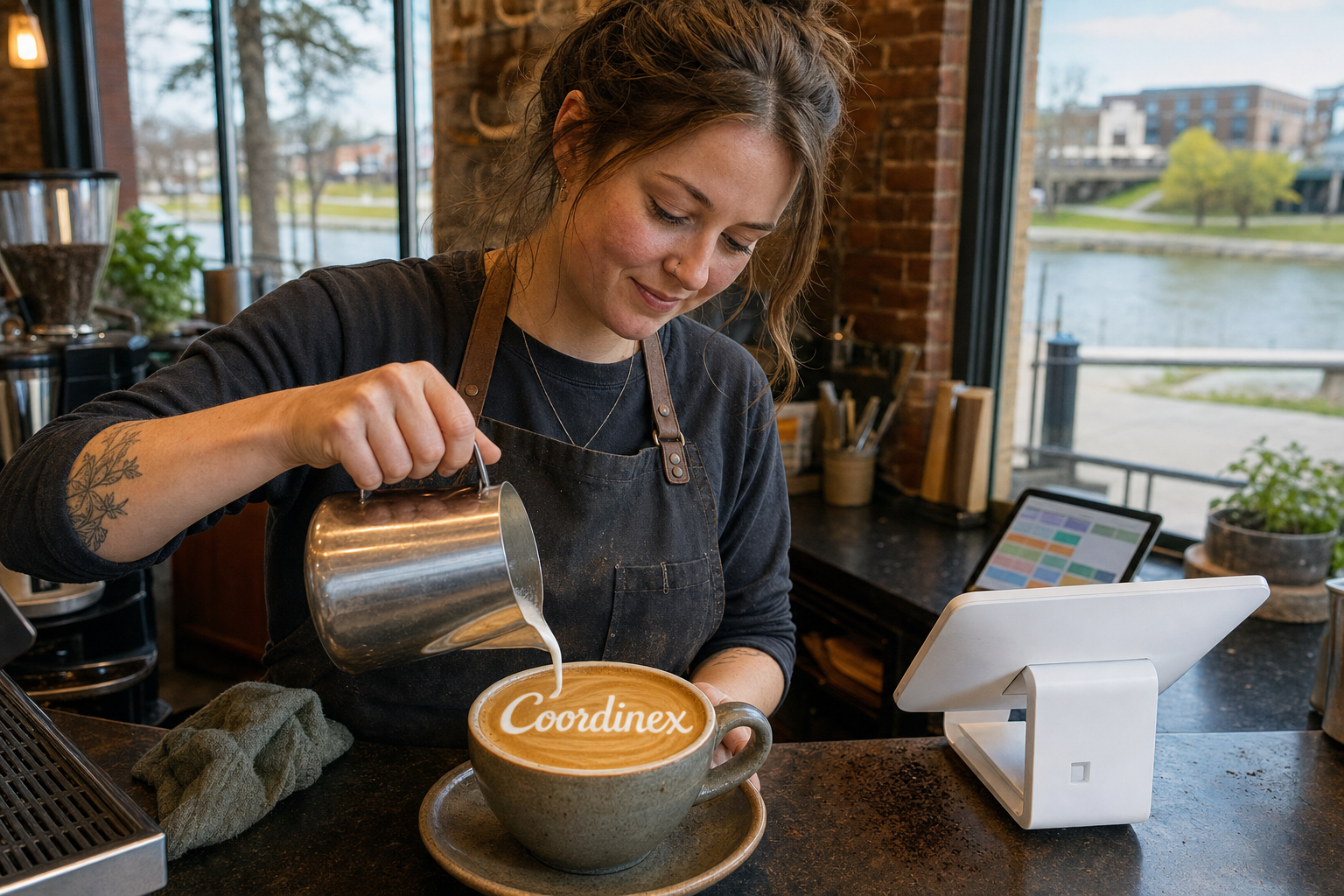 Young adult woman barista pouring milk into latte art spelling Coordinex, with a point-of-sale tablet nearby inside a coffee shop in West Des Moines, IA.