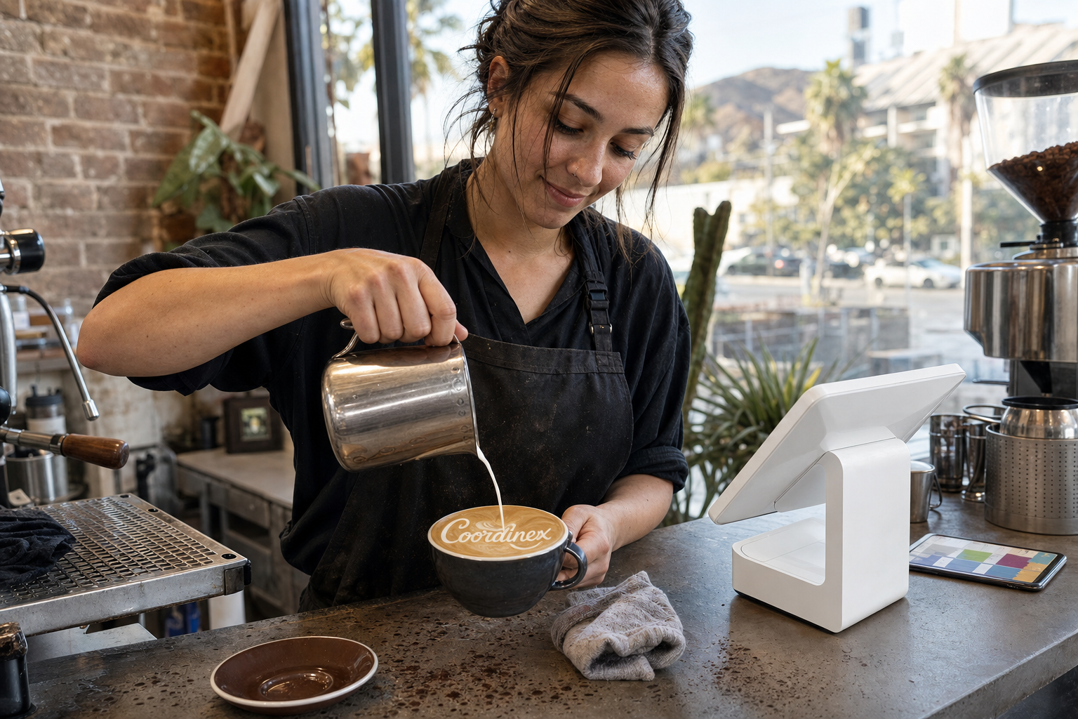 Young adult woman barista pouring milk into latte art spelling Coordinex, with a point-of-sale tablet nearby inside a coffee shop in West Hollywood, CA.