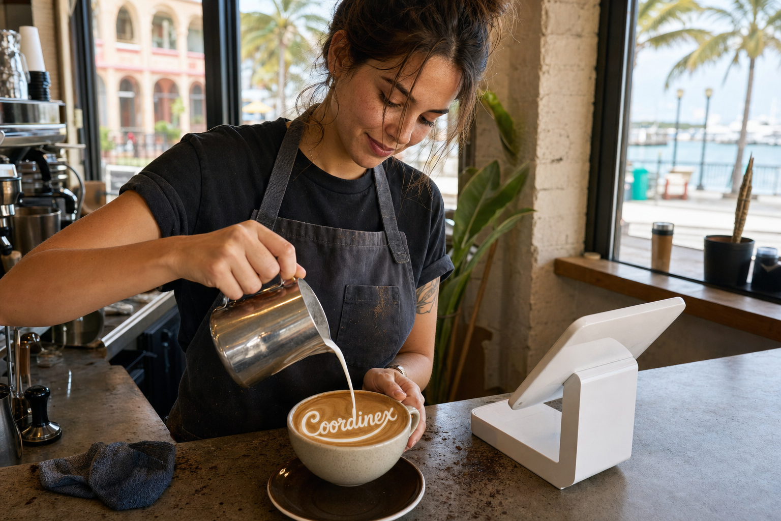 Young adult woman barista pouring milk into latte art spelling Coordinex, with a point-of-sale tablet nearby inside a coffee shop in West Palm Beach, FL.