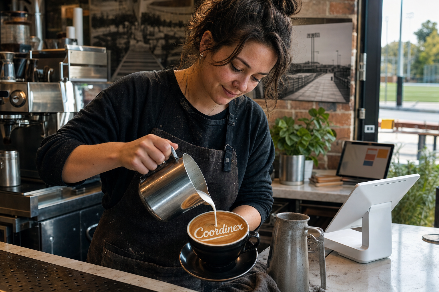 Young adult woman barista pouring milk into latte art spelling Coordinex, with a point-of-sale tablet nearby inside a coffee shop in Westfield, IN.