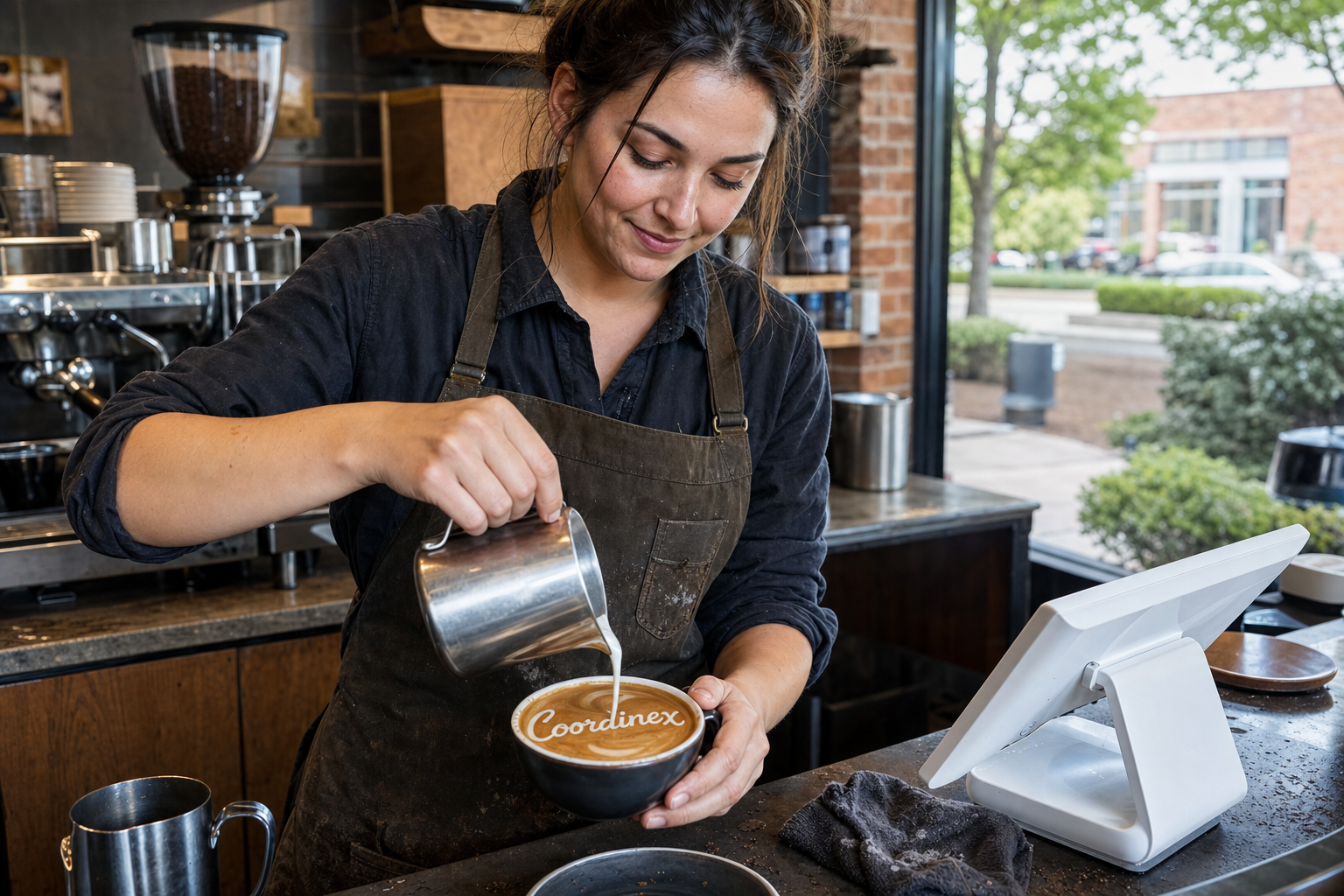 Young adult woman barista pouring milk into latte art spelling Coordinex, with a point-of-sale tablet nearby inside a coffee shop in Westland, MI.