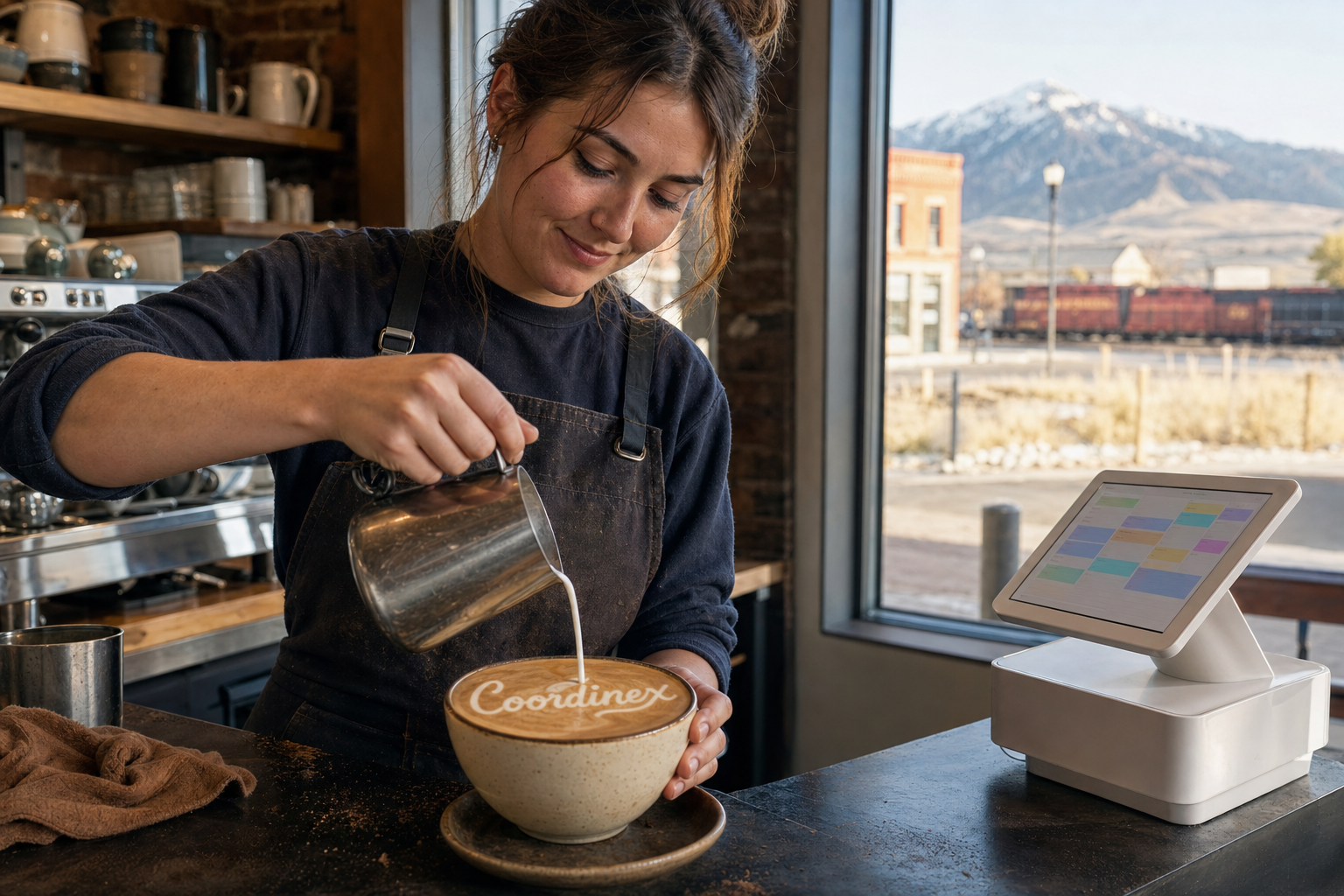 Young adult woman barista pouring milk into latte art spelling Coordinex, with a point-of-sale tablet nearby inside a coffee shop in Wheatland, WY.