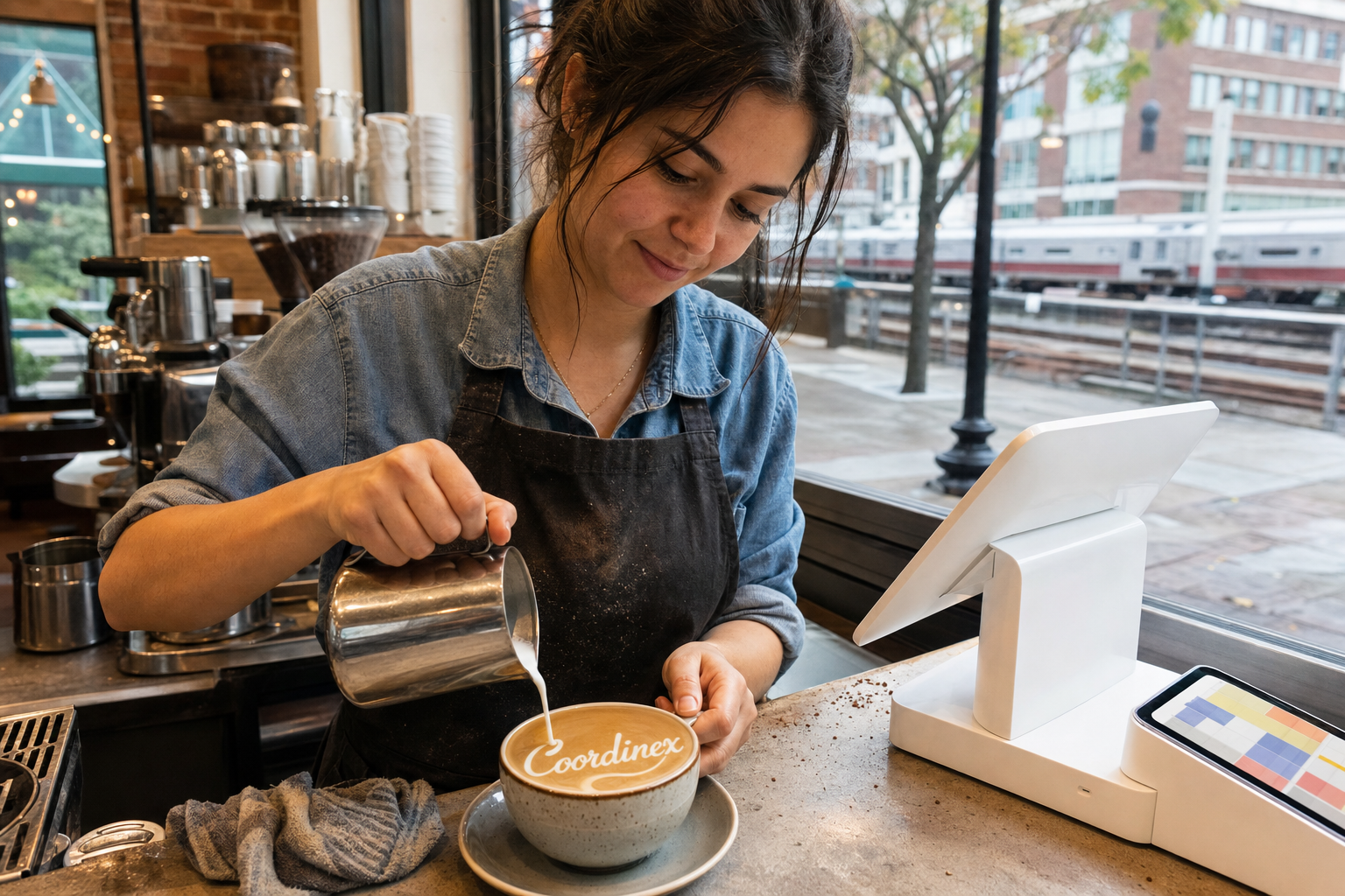 Young adult woman barista pouring milk into latte art spelling Coordinex, with a point-of-sale tablet nearby inside a coffee shop in White Plains, NY.