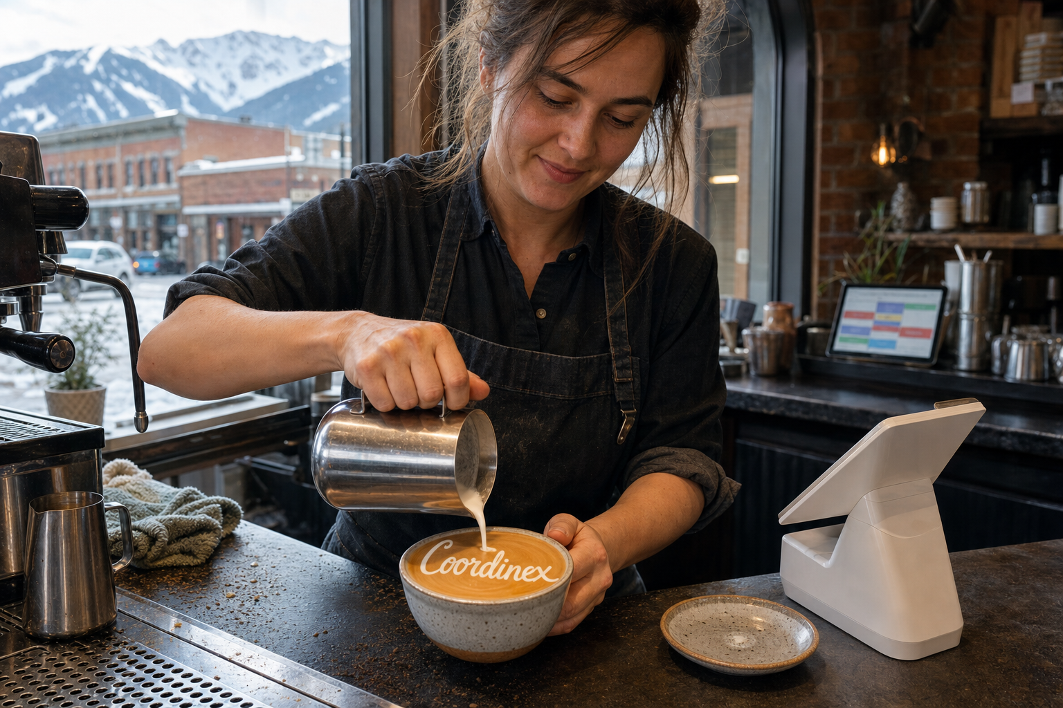 Young adult woman barista pouring milk into latte art spelling Coordinex, with a point-of-sale tablet nearby inside a coffee shop in Whitefish, MT.