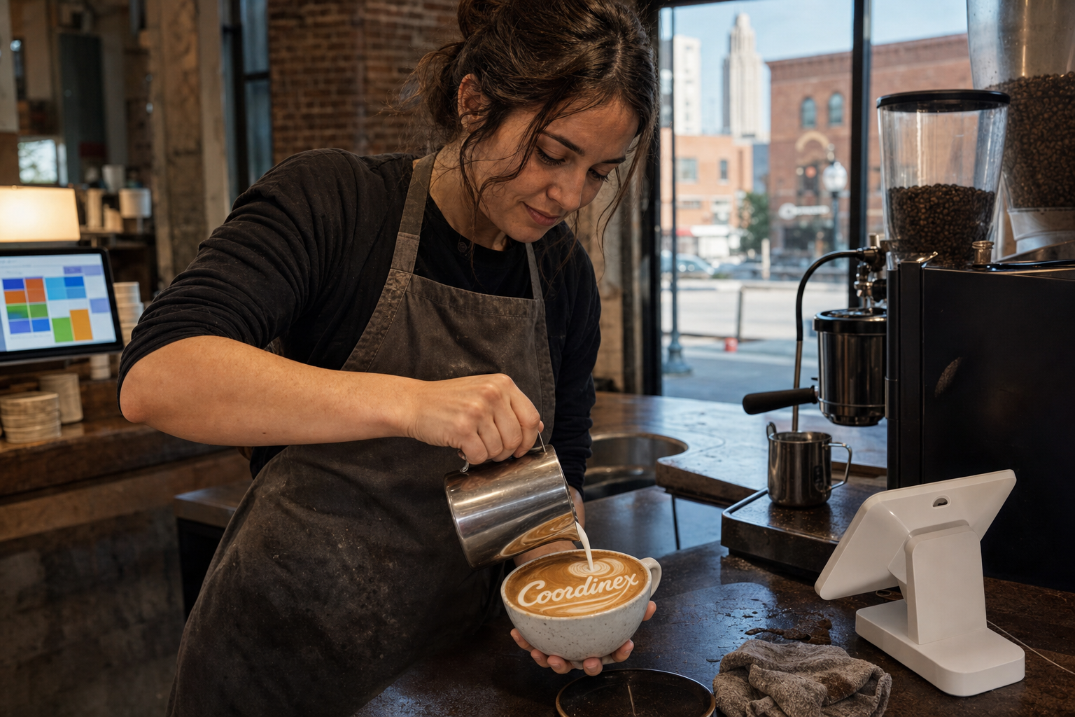 Young adult woman barista pouring milk into latte art spelling Coordinex, with a point-of-sale tablet nearby inside a coffee shop in Wichita, KS.