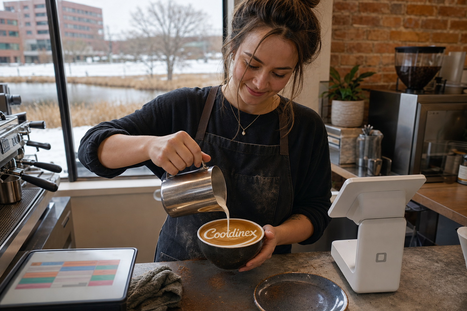 Young adult woman barista pouring milk into latte art spelling Coordinex, with a point-of-sale tablet nearby inside a coffee shop in Woodbury, MN.