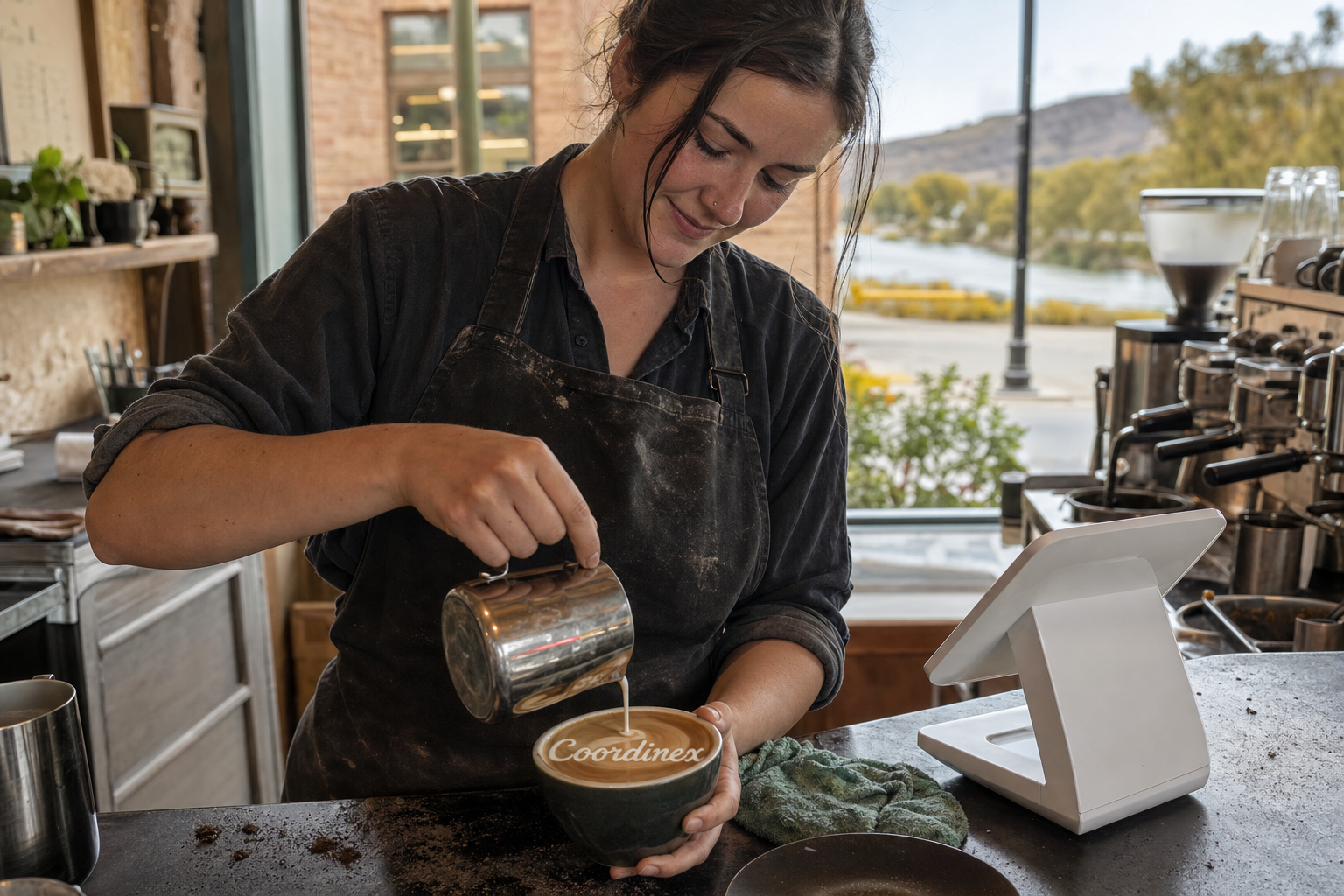 Young adult woman barista pouring milk into latte art spelling Coordinex, with a point-of-sale tablet nearby inside a coffee shop in Worland, WY.