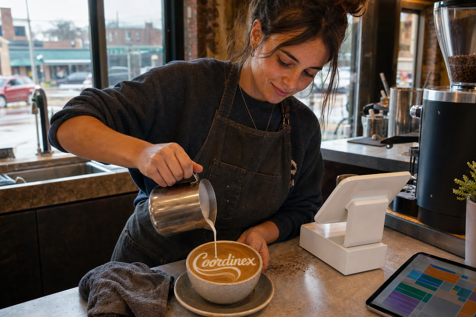 Young adult woman barista pouring milk into latte art spelling Coordinex, with a point-of-sale tablet nearby inside a coffee shop in Wyoming, MI.