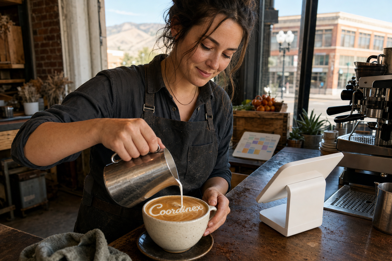 Young adult woman barista pouring milk into latte art spelling Coordinex, with a point-of-sale tablet nearby inside a coffee shop in Yakima, WA.