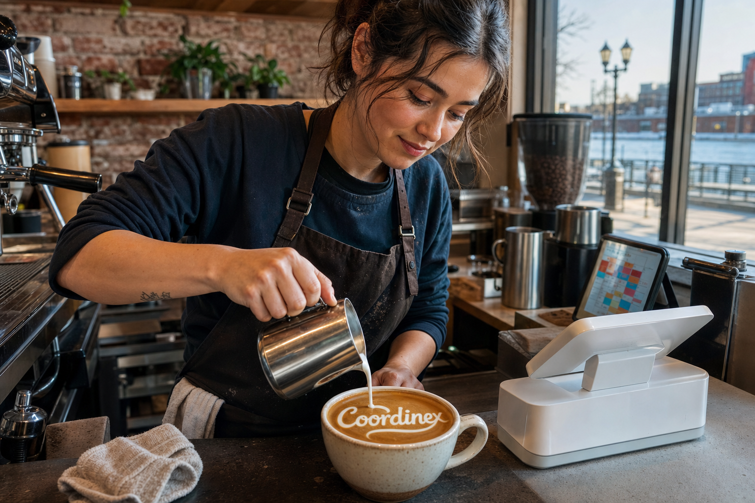 Young adult woman barista pouring milk into latte art spelling Coordinex, with a point-of-sale tablet nearby inside a coffee shop in Yonkers, NY.