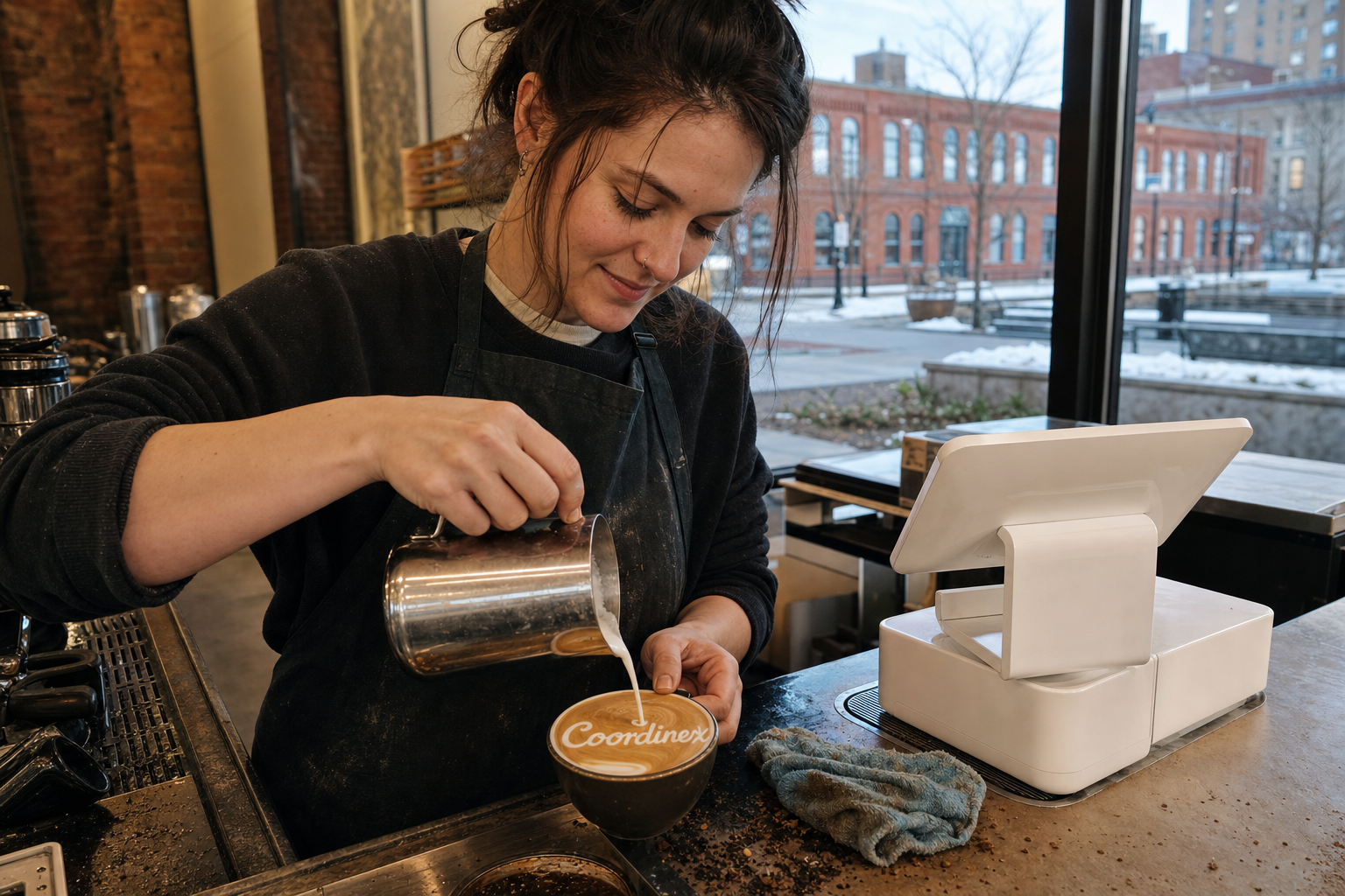 Young adult woman barista pouring milk into latte art spelling Coordinex, with a point-of-sale tablet nearby inside a coffee shop in Youngstown, OH.