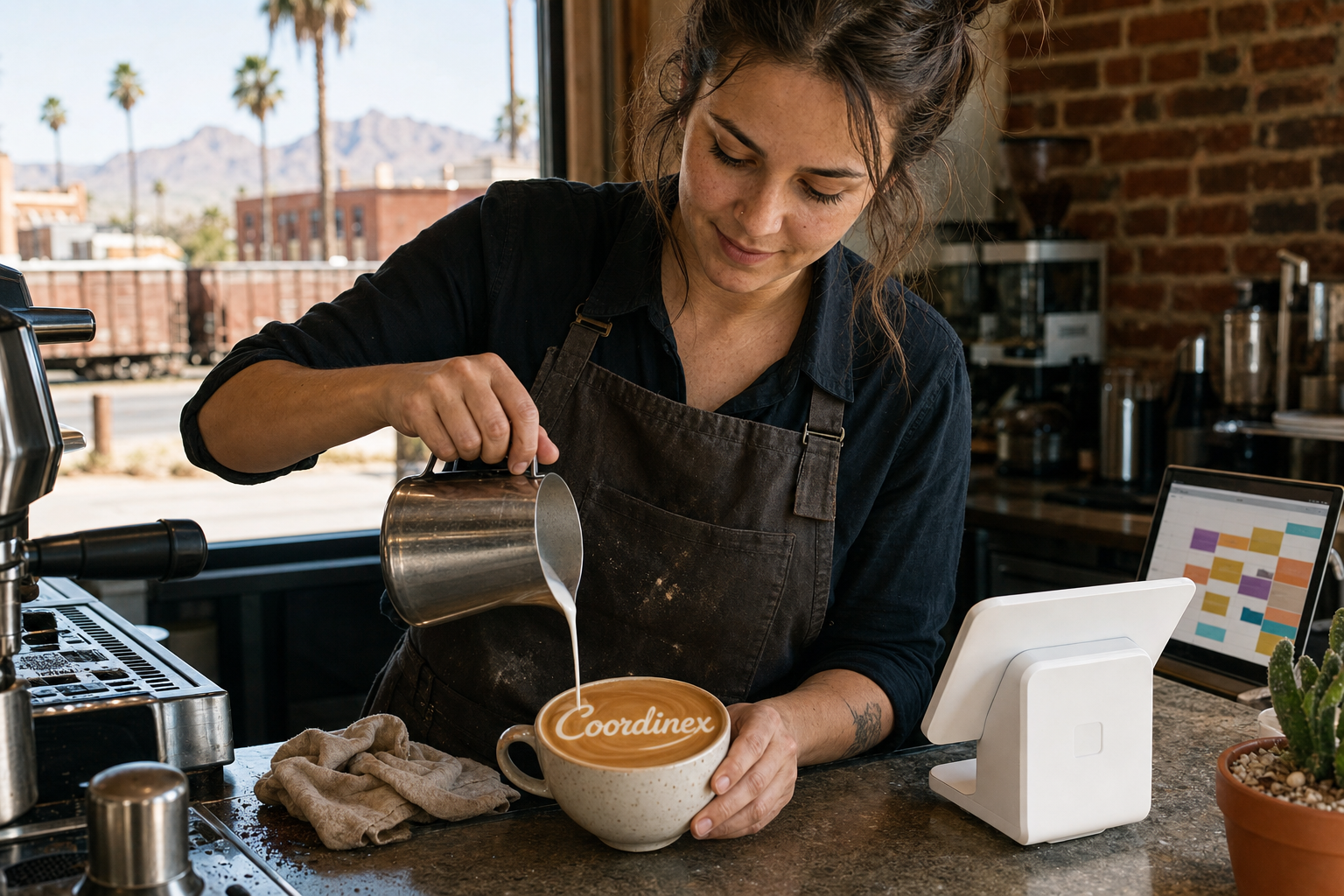 Young adult woman barista pouring milk into latte art spelling Coordinex, with a point-of-sale tablet nearby inside a coffee shop in Yuma, AZ.